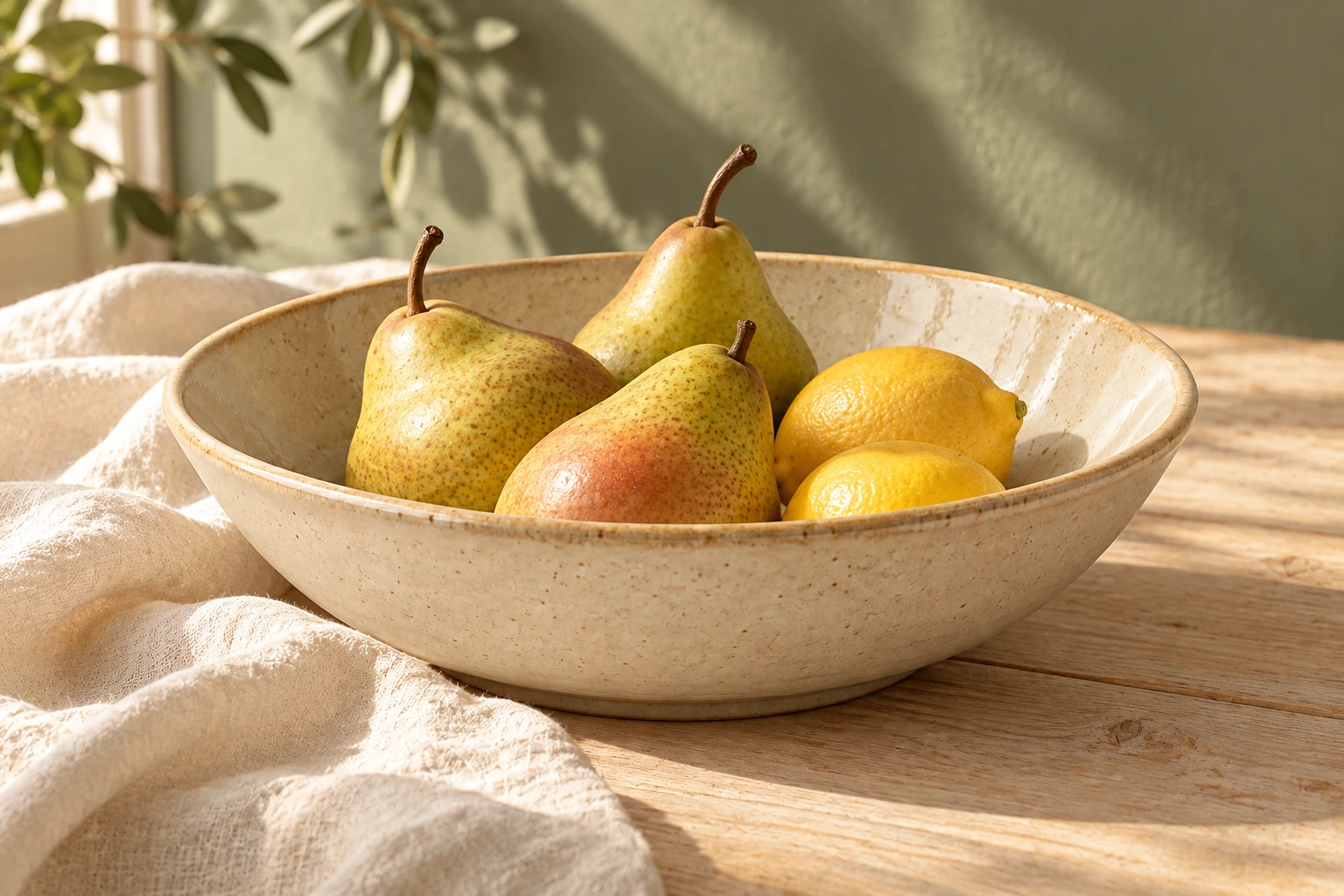 Mellow Rim Fruit Bowl with pears and lemons on a linen table